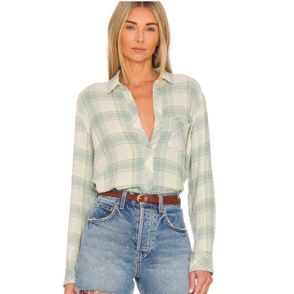 Rails Brady Long Sleeve Button Up Plaid Shirt in Sage Green Yellow Lemon Size XS